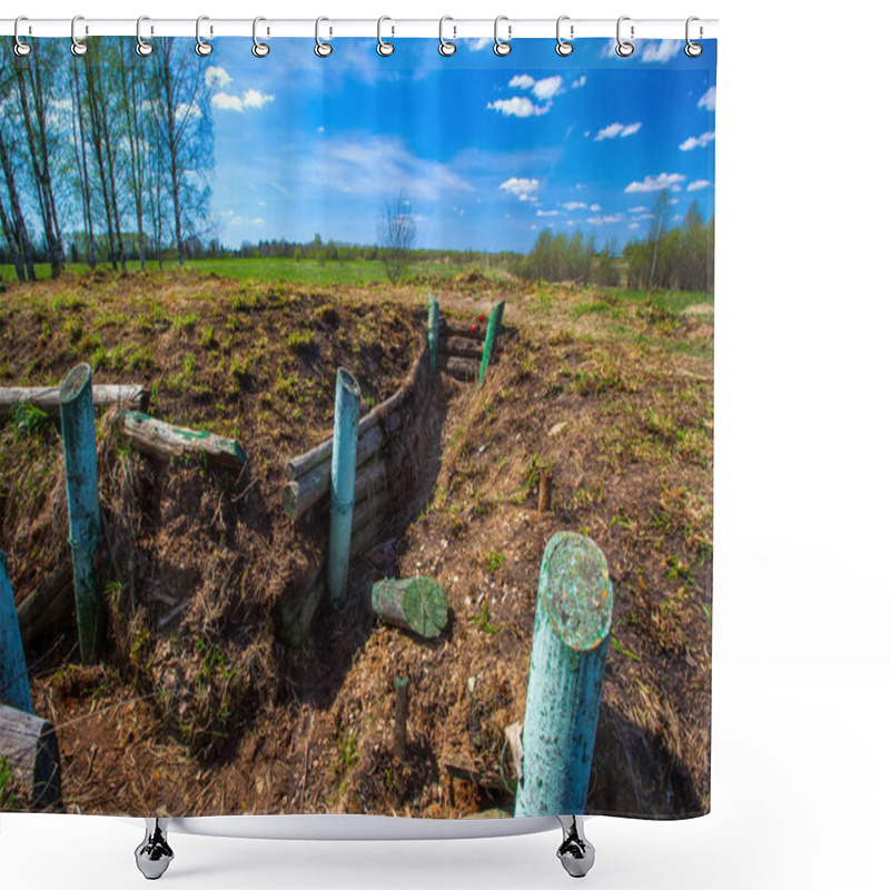 Personality  The Deep Trenches Of The Second World War Fortified With Wood, Red Carnations In Memory Of The Victims. Military Trenches Near The City Of Volokolamsk At Dubosekovo Junction, Moscow Region, Russia. Shower Curtains