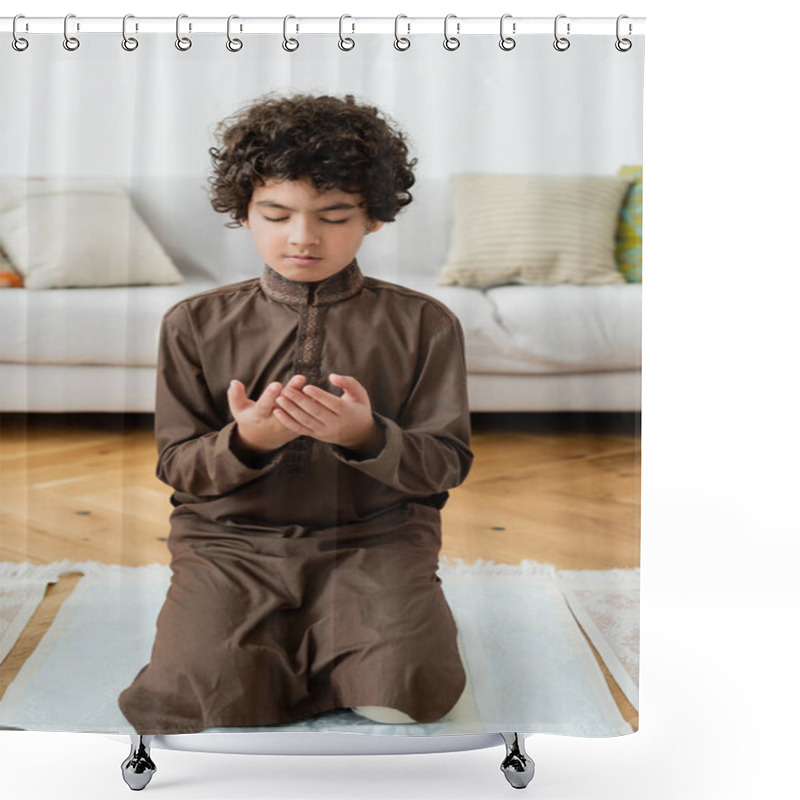 Personality  Curly Arabian Child Praying On Traditional Rug At Home  Shower Curtains