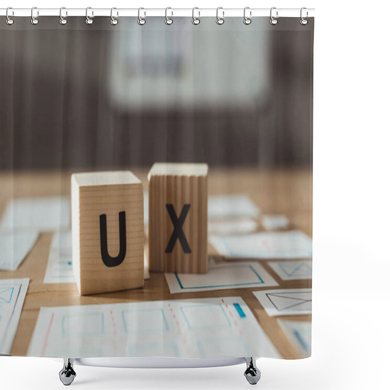 Personality  Selective Focus Of Cubes With Ux Letters And Designer App Sketches On Table Shower Curtains