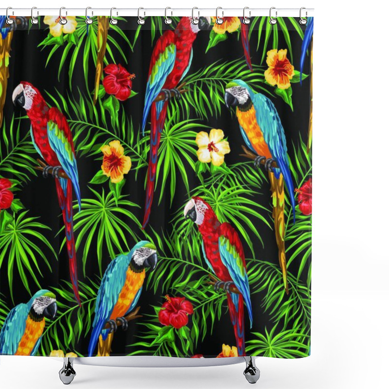 Personality  Tropical Seamless Pattern With Parrots. Palm Leaves, Hibiscus Flowers And Exotic Birds.. Tropical Seamless Pattern With Parrots. Shower Curtains