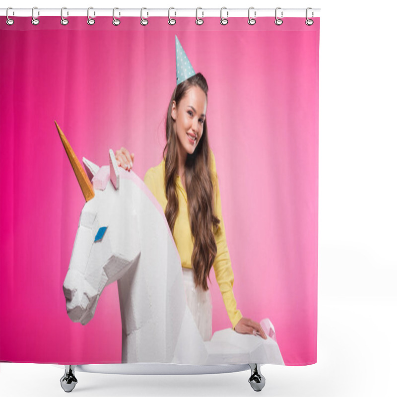 Personality  Attractive Woman With Party Hat Ant Unicorn Toy Isolated On Pink Shower Curtains