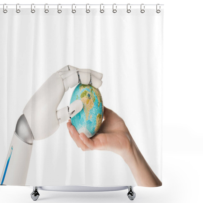 Personality  Cropped Shot Of Robot And Human Holding Miniature Model Of Earth Isolated On White Shower Curtains