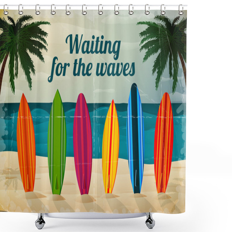 Personality  Holiday Surfboards On The Ocean Beach Shower Curtains