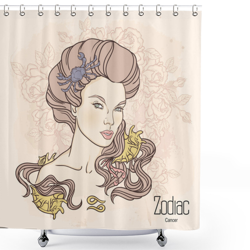 Personality  Zodiac. Vector Illustration Of Cancer As Girl With Flowers. Desi Shower Curtains