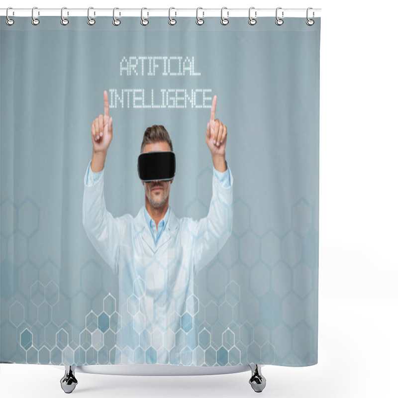 Personality  Scientist In Virtual Reality Headset Touching Artificial Intelligence Lettering With Two Fingers Isolated On Grey Shower Curtains