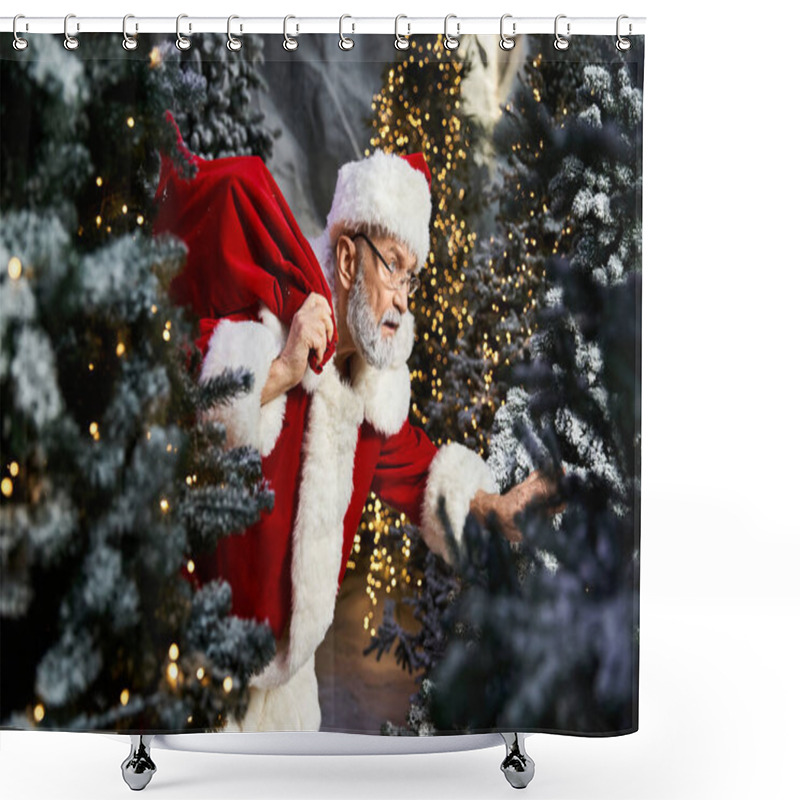 Personality  Amidst Beautifully Decorated Trees, Santa Claus Quietly Arranges Holiday Gifts For Children. Shower Curtains