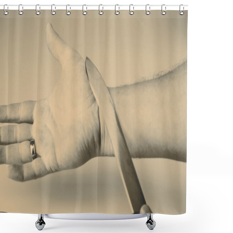 Personality  Close Up Of A Suicidal Man Hand On Isolated White Background Shower Curtains