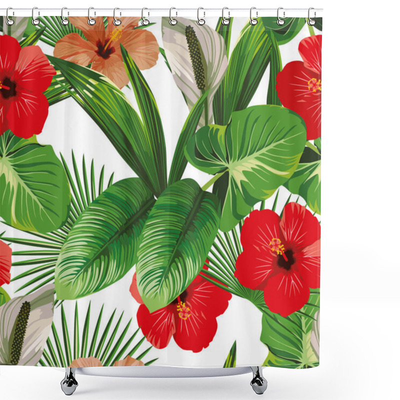 Personality  Hibiscus And Tropical Leaves White Background Shower Curtains