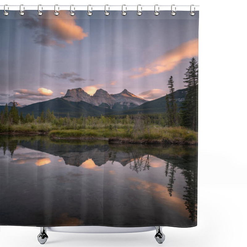 Personality  A Mesmerizing View Of Green Hills And Rocky Mountains Reflected On The Water At Sunset In Provincial Park Shower Curtains