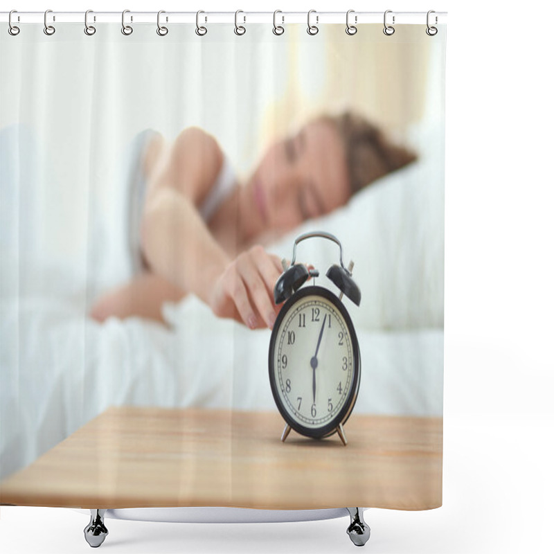 Personality  Young Sleeping Woman And Alarm Clock In Bedroom At Home Shower Curtains