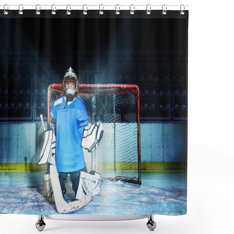 Personality  Portrait Of Young Goaltender Standing In Kneeling Position While Guarding His Net During Hockey Game Shower Curtains