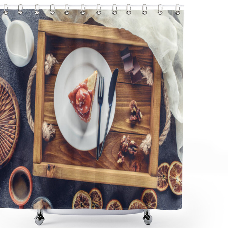 Personality  Top View Of Piece Of Cake With Caramel Topping On Plate On Wooden Tray Shower Curtains