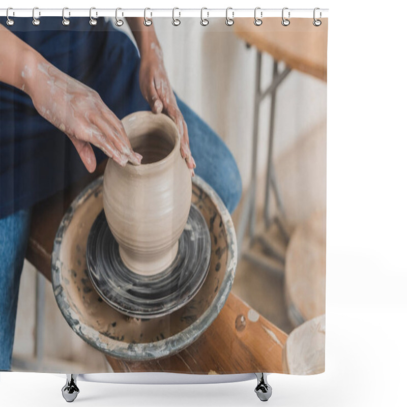 Personality  Partial View Of Young African American Woman Modeling Wet Clay Pot On Wheel With Hands In Pottery Shower Curtains