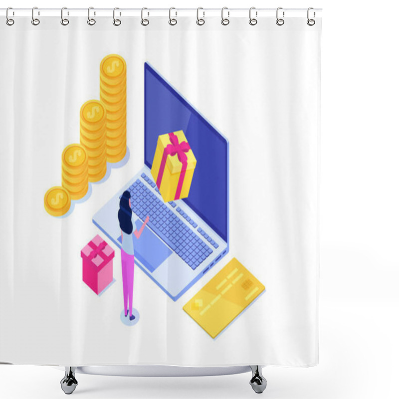 Personality  Discount, Loyalty Card Program And Customer Service. Vector Isometric Illustration. Shower Curtains