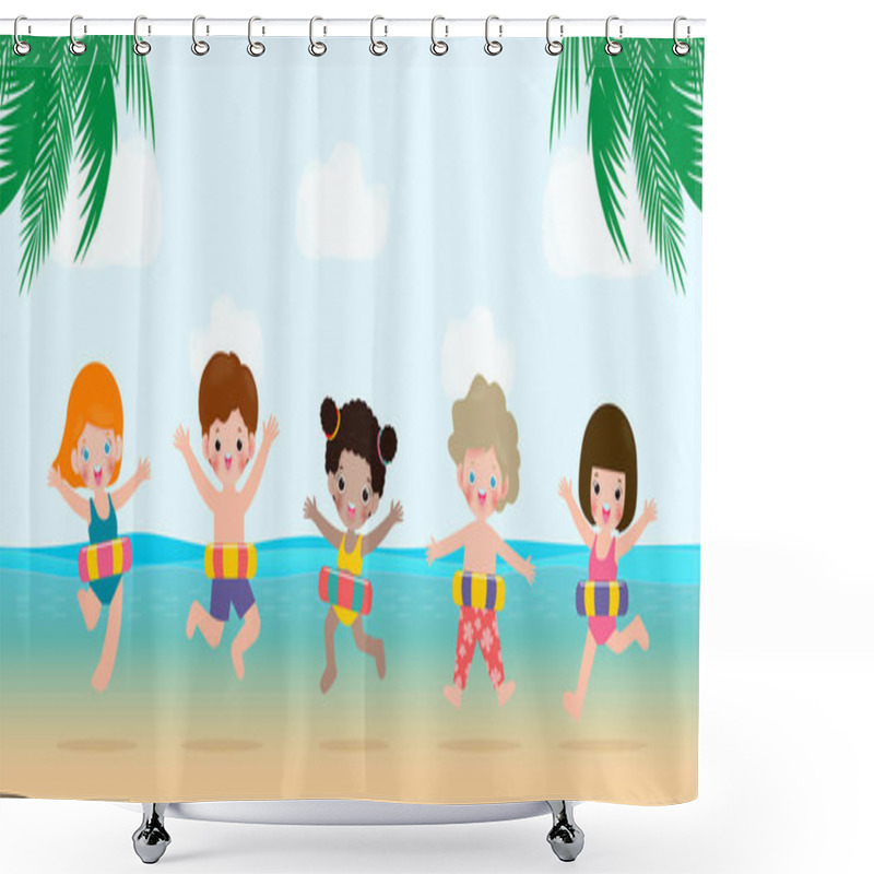 Personality  Summer Time, Happy Group Kids In Swimming Clothes With Inflatable Toys On Beach, Children With Inflatable Buoy Jumping Into Swimming, Child With Float Donut Vector Illustration Isolated On Background Shower Curtains