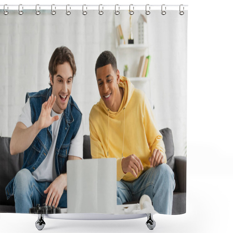 Personality  Happy Interracial Friends Sitting Together On Couch And Making Video Call With Laptop In Living Room Shower Curtains