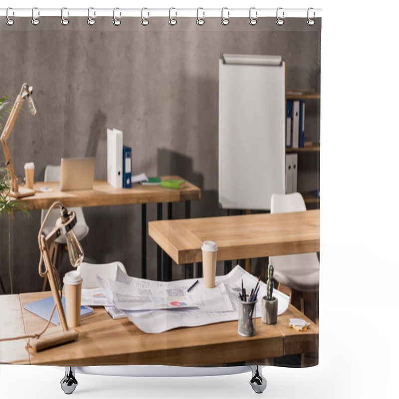 Personality  Working Tables With Blueprints, Coffee And Supplies Shower Curtains