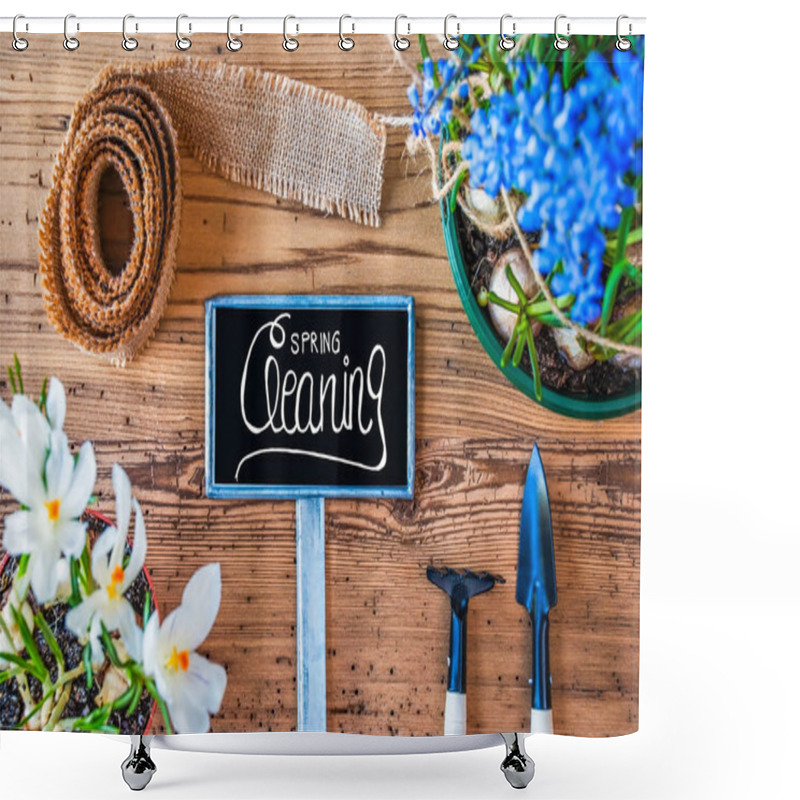 Personality  Spring Flowers, Sign, Calligraphy Spring Cleaning, Wooden Background Shower Curtains