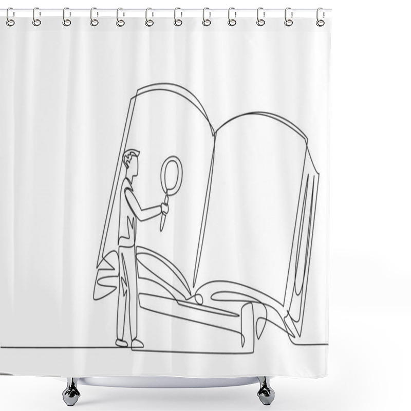 Personality  National Thesaurus Day. Annual Celebration Event. One Single Line Drawing Of Young Intelligence Man Holding Magnifying Glass To Search Information From Giant Book. Knowledge Discovery Concept Shower Curtains