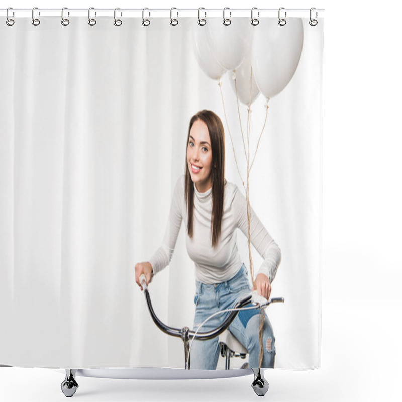 Personality  Woman Sitting On Bike With Balloons Shower Curtains