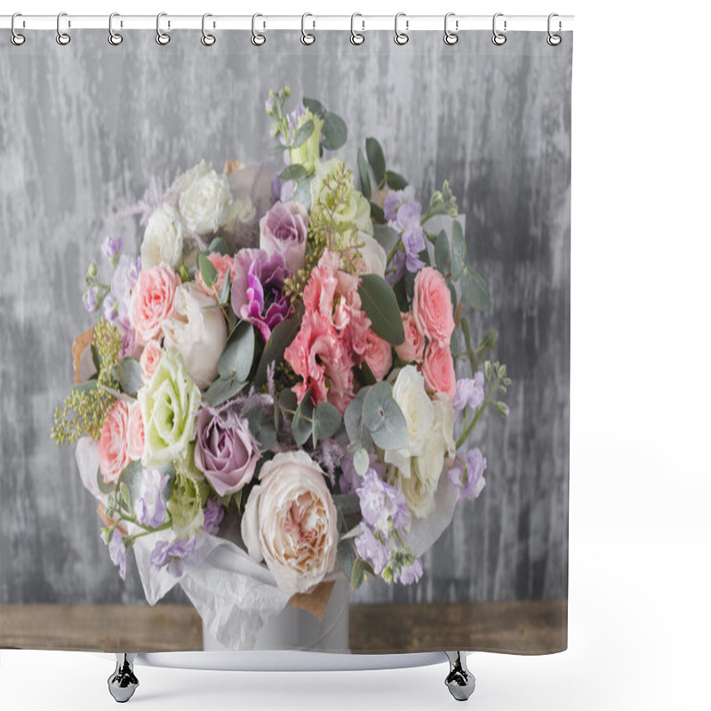 Personality  Close-up Beautiful Bouquet. Spring Flowers On Gray Background. Flower Shop Shower Curtains