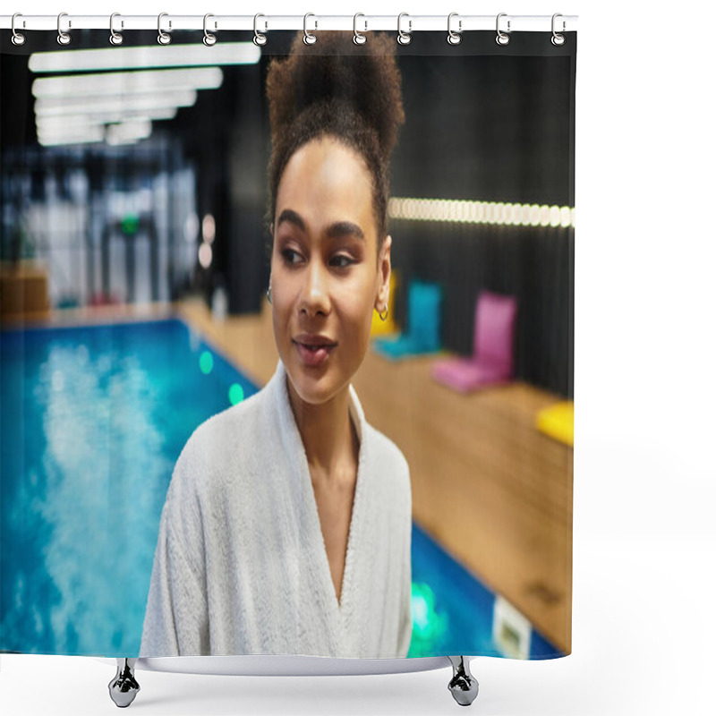 Personality  Young Woman Smiles Peacefully, Embracing Relaxation In A Serene Spa Environment. Shower Curtains