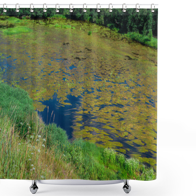 Personality  An Algal Bloom Or Algae Bloom, The Water In The River Bloomed, The Appearance Of A Lot Of Green Algae, Grass, Water Lilies, A Sunny Summer Day, Top View Shower Curtains