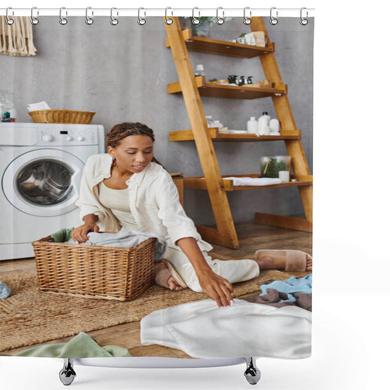 Personality  An African American Woman With Afro Braids Sits On The Floor Next To A Laundry Basket Shower Curtains