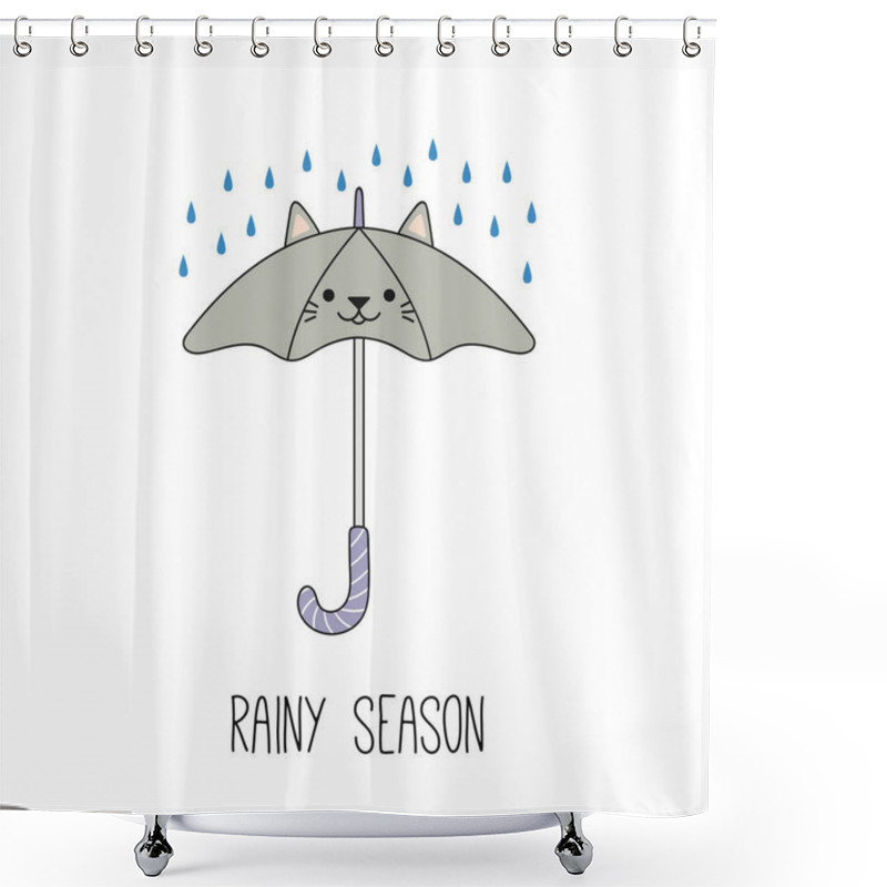 Personality  Hand Drawn Kawaii Funny Umbrella With Cat Ears Under Rain, Vector, Illustration Shower Curtains