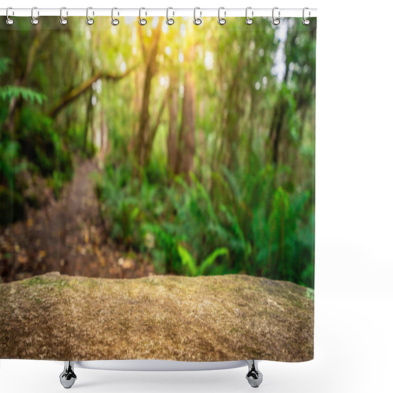 Personality  Empty Rock Table For Product Display In Jungle Of Tasmania, Australia. Nature Product Advertisement Concept. Shower Curtains