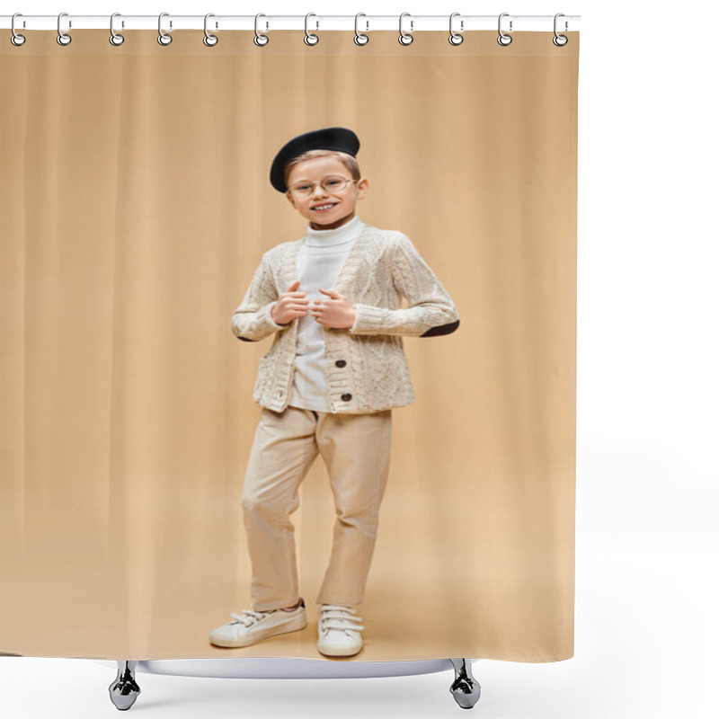 Personality  A Young Boy In A White Shirt And Tan Pants Poses As A Film Director Against A Beige Backdrop. Shower Curtains