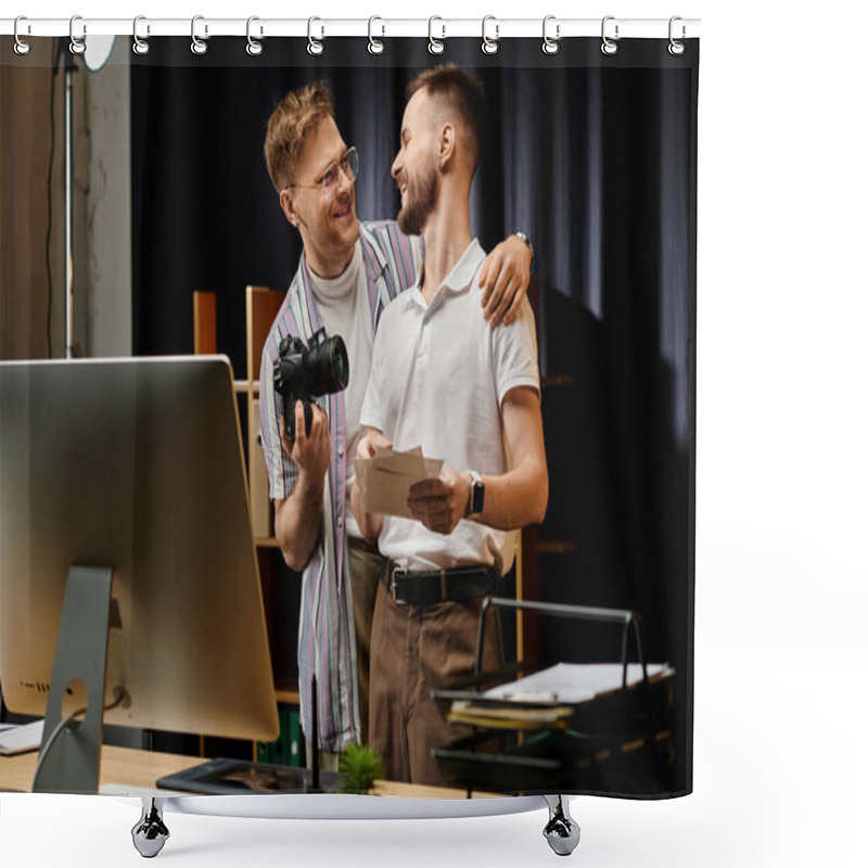 Personality  Two Men Collaborate On Computer Projects In Modern Office Setting. Shower Curtains