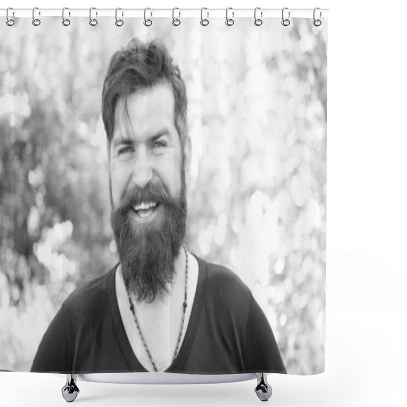 Personality  Hair Cut For Your Face Shape. Happy Guy With Shaped Beard And Styled Hair. Hairy Hipster With Stylish Beard And Mustache Hair On Natural Background. Bearded Man Smiling With Unshaven Face Hair Shower Curtains