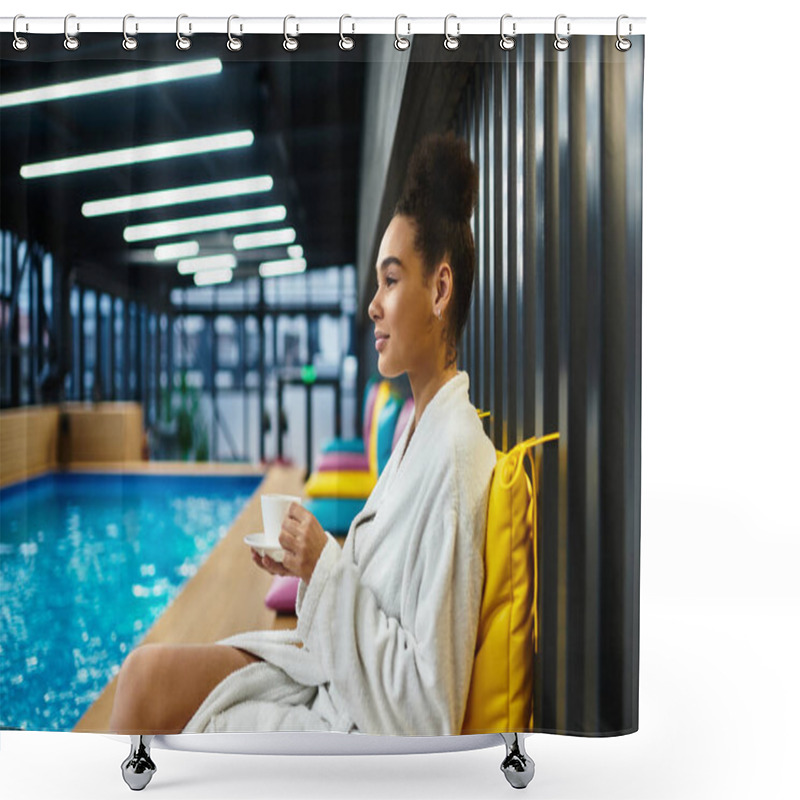 Personality  A Young African American Woman Bathes In Relaxation, Sipping Tea By The Poolside At A Spa Retreat. Shower Curtains