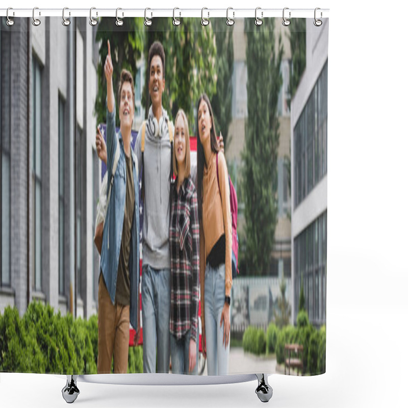 Personality  Panoramic Shot Of Teenagers Holding American Flag And Pointing With Finger  Shower Curtains