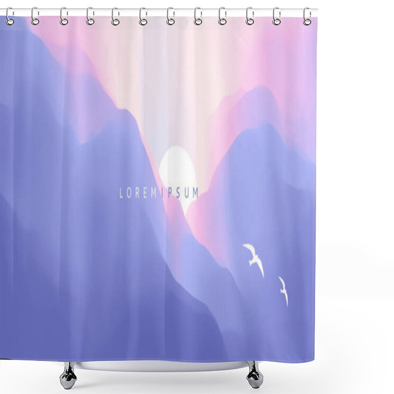 Personality  Sky With Clouds And Sun. Beautiful Sunrise With Flying Seagulls. Landscape With Mountains. Abstract Background. Vector Illustration. Shower Curtains