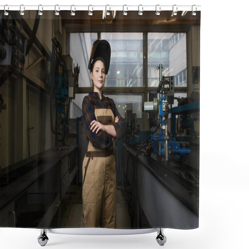 Personality  Welder In Mask Standing With Crossed Arms In Factory  Shower Curtains