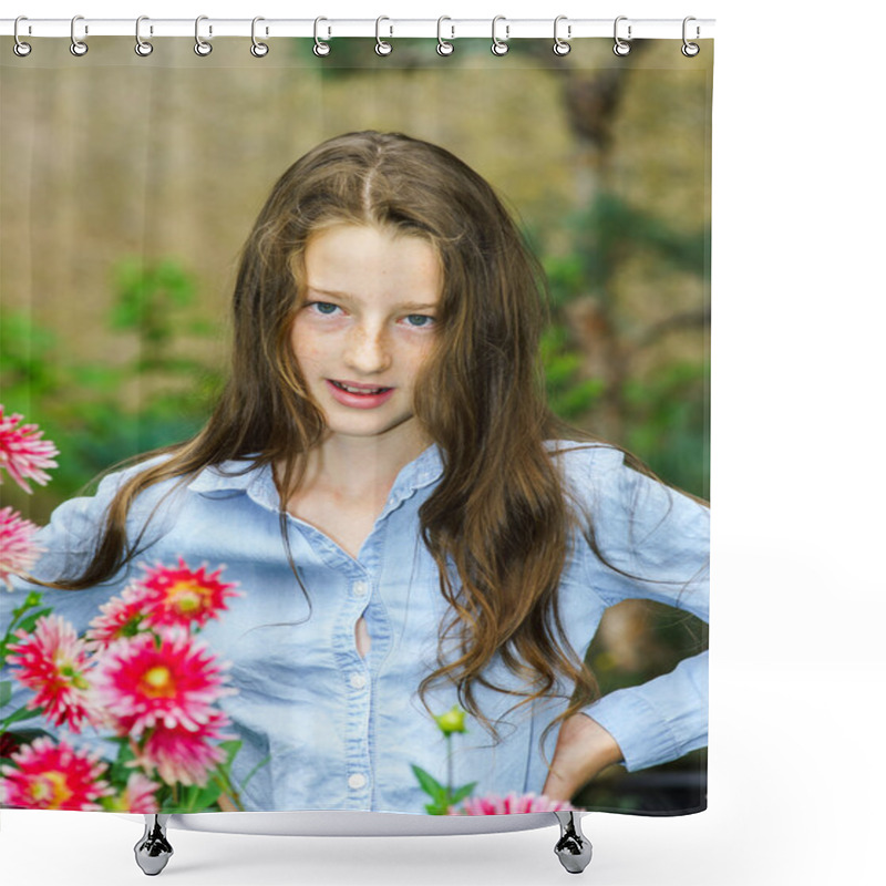 Personality  Teenage Schoolgirl Portrait With Natural Flowers Shower Curtains