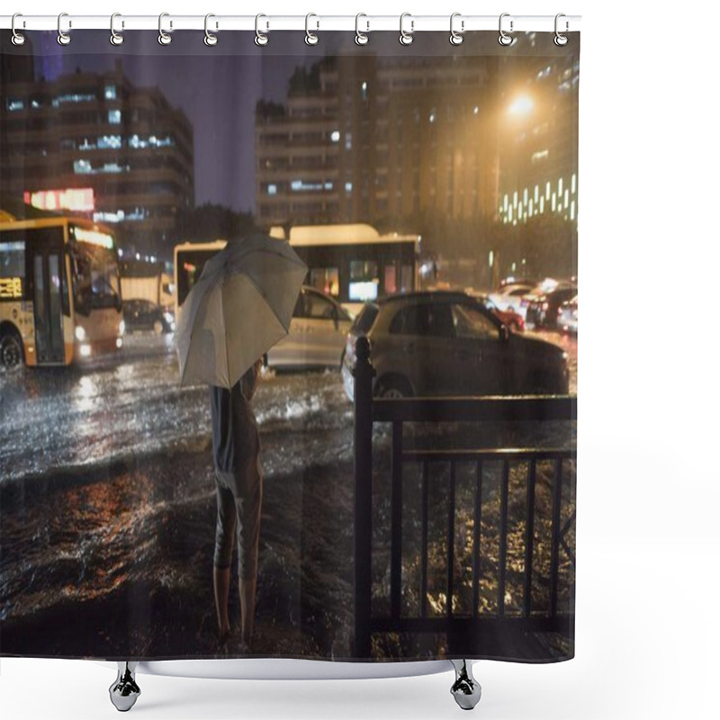 Personality  A Local Resident Shields Himself With An Umbrella As He Waits For His Bus In A Heavy Rainstorm In Guangzhou City, South China's Guangdong Province, 2 May 2018 Shower Curtains