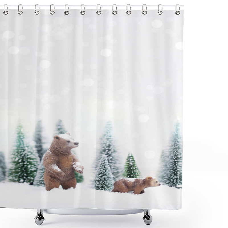 Personality  Miniature Of Christmas Grizzly Bears Toys In Snowy Winter Forest, Background For Christmas Card Shower Curtains