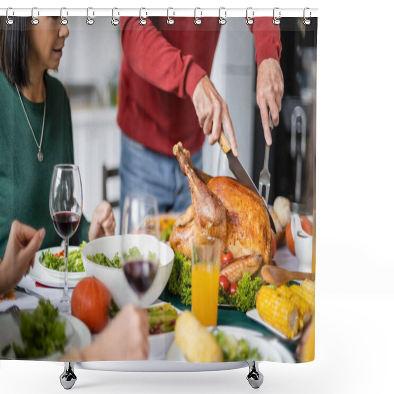 Personality  Cropped View Of Senior Man Cutting Delicious Thanksgiving Turkey Near Women And Wine At Home  Shower Curtains