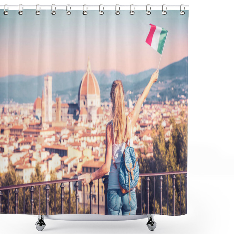 Personality  Young Woman Tourist Holding Italian Flag Looking At Florence City- Tour Tourism,travel In Italy, Europe Shower Curtains