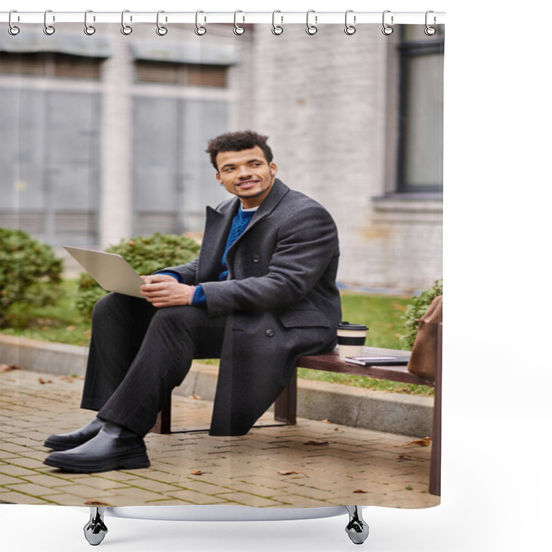 Personality  Handsome Man Smiles While Sitting On A Bench, Focused On His Laptop In A Vibrant Urban Park. Shower Curtains