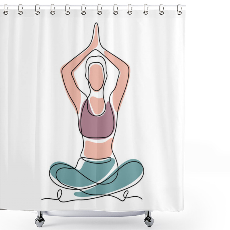 Personality  Woman Sitting In Lotus Position And Meditating. Yoga Practicing Continuous Line Vector Illustration. Shower Curtains