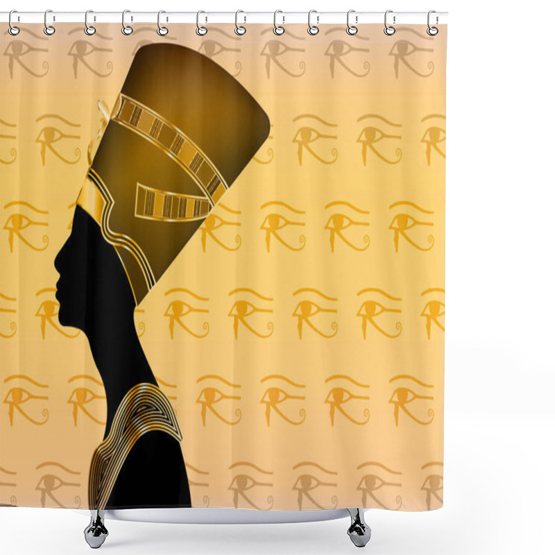 Personality  Egyptian Silhouette Icon. Queen Nefertiti. Vector Portrait Profile With Golden Jewels And Precious Stones, Gold Accented Silhouette Of A Queen, Isolated On Eyes Of Horus Background. Shower Curtains