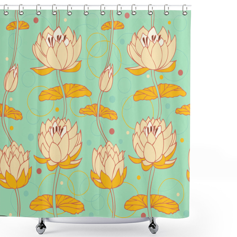 Personality  Lotus Bright Background. Floral Pattern With Water Lilies. Seamless Cute Backdrop Can Be Used For Greeting Cards, Arts, Wallpapers, Web Pages, Surface Texture, Clothes, Prints Shower Curtains