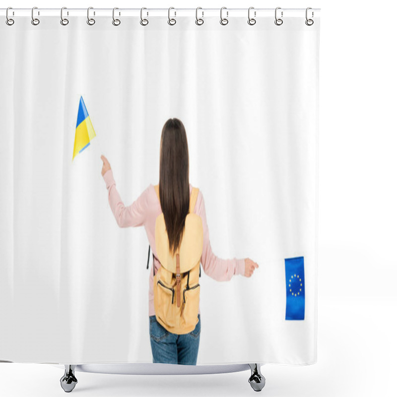 Personality  Back View Of Student With Backpack Holding Ukrainian And European Flags Isolated On White Shower Curtains