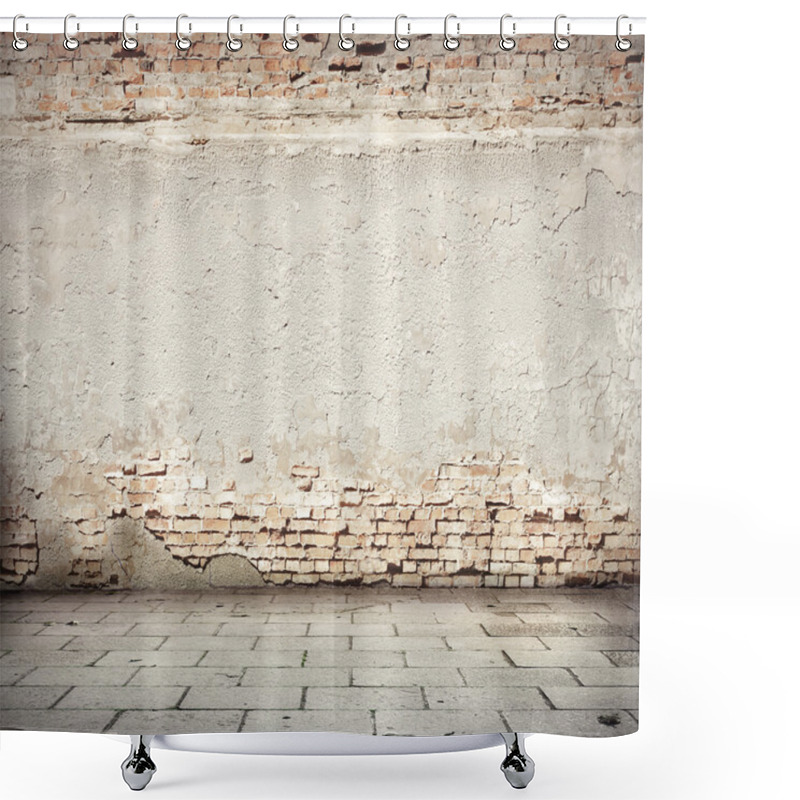 Personality  Grunge Background, Red Brick Wall Texture Bright Plaster Wall And Blocks Road Sidewalk Abandoned Exterior Urban Background For Your Concept Or Project Shower Curtains