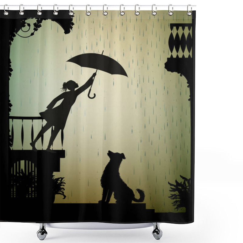 Personality  Take Care The Dog, Girl On The Balcony Holding The Umbrella Above The Dog, My Friend Dog, Shadow, Shower Curtains