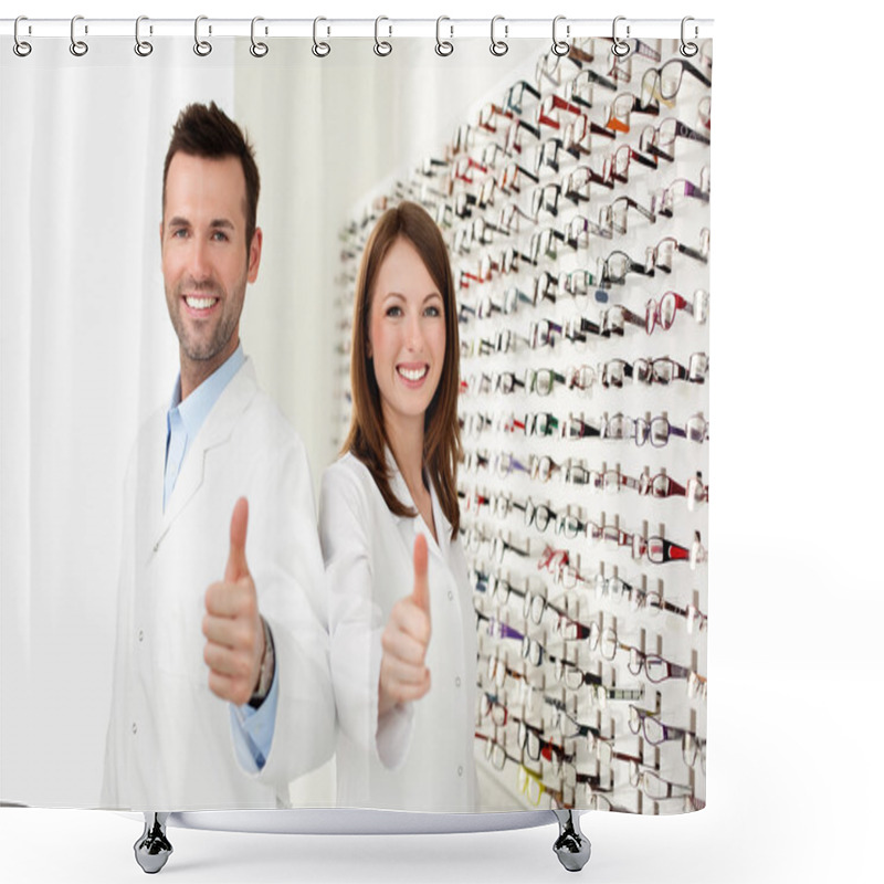 Personality  Two Happy Optician, Optometrist Showing Thumbs Up Shower Curtains